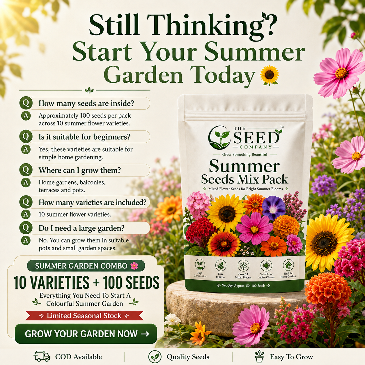 TSC Summer Mix Seed Combo – 10 Summer Varieties | 100 Seeds Pack